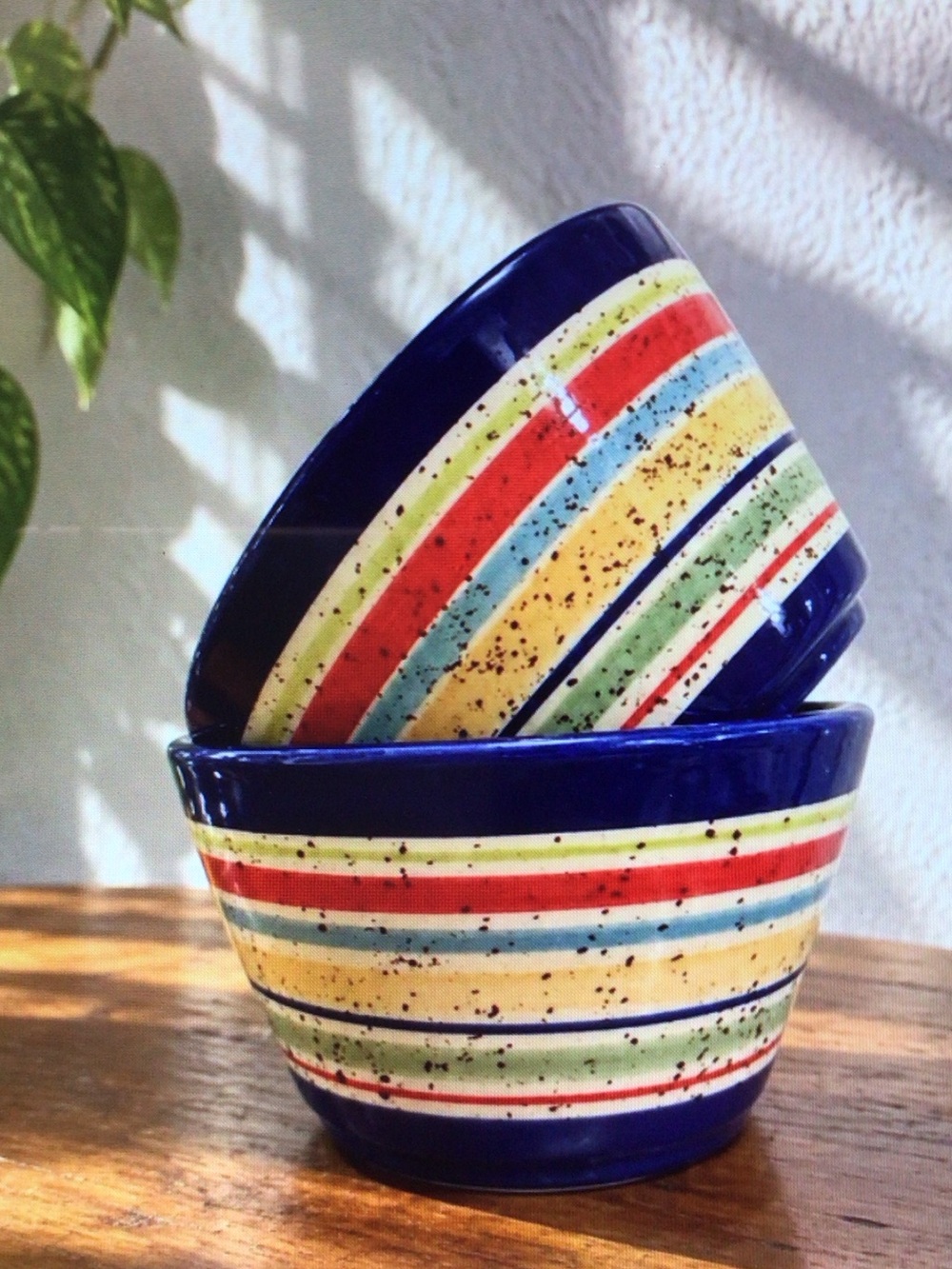 Multicolor Striped Ceramic Bowl Set - Deep Blue Accent